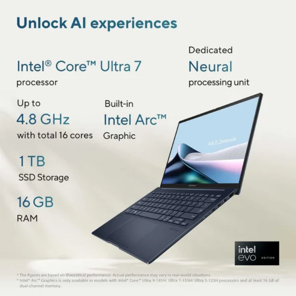 ASUS ZENBOOK 14 OLED Ultra 7 155H 16GB RAM 1TB SSD 14inch 3K Touch Blue UX3405MA-OLEDU7B