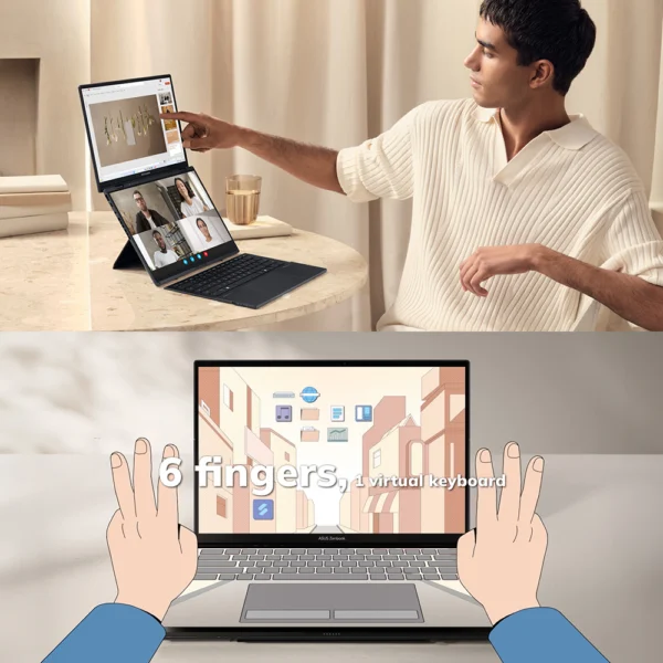 ASUS ZENBOOK DUO OLED UX8406MA-OLEDI7IG Intel Core Ultra 7 155H 1.4GHz, 16GB RAM, 1TB SSD, 14.0" WQ+ OLED Touch Screen, Intel Arc Graphics, Win11 Home, Eng-Arab K/B, Grey + Sleeve, Stylus