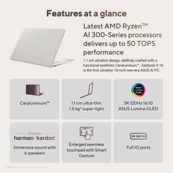 ASUS ZENBOOK S 16 OLED UM5606WA | AMD Ryzen AI 9 HX370 | 32GB RAM, 2TB SSD | 16.0" 3K OLED 120Hz | AMD Radeon 890M Graphics | Win11 Home, Eng-Arab Keyboard, White | UM5606WA-RK233W